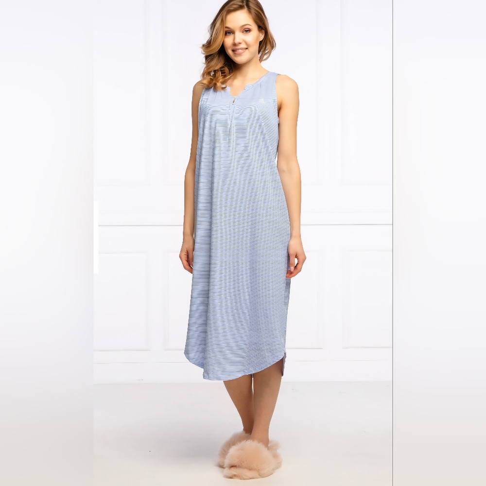 Sleeveless Cotton Sleep Dress - Light Blue Stripe
